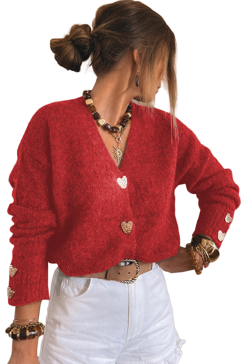 Fiery Red Heart Metal Button V Neck Cardigan Sweater
