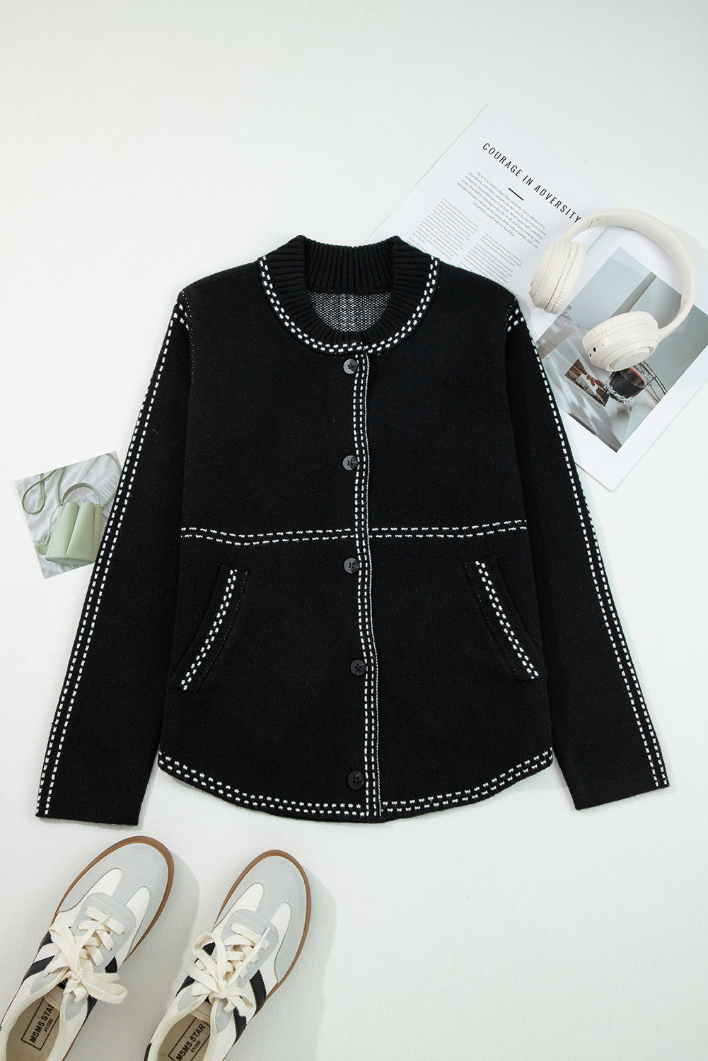Black Bomber Contrast Trim Snap Button Long Sleeve Cardigan