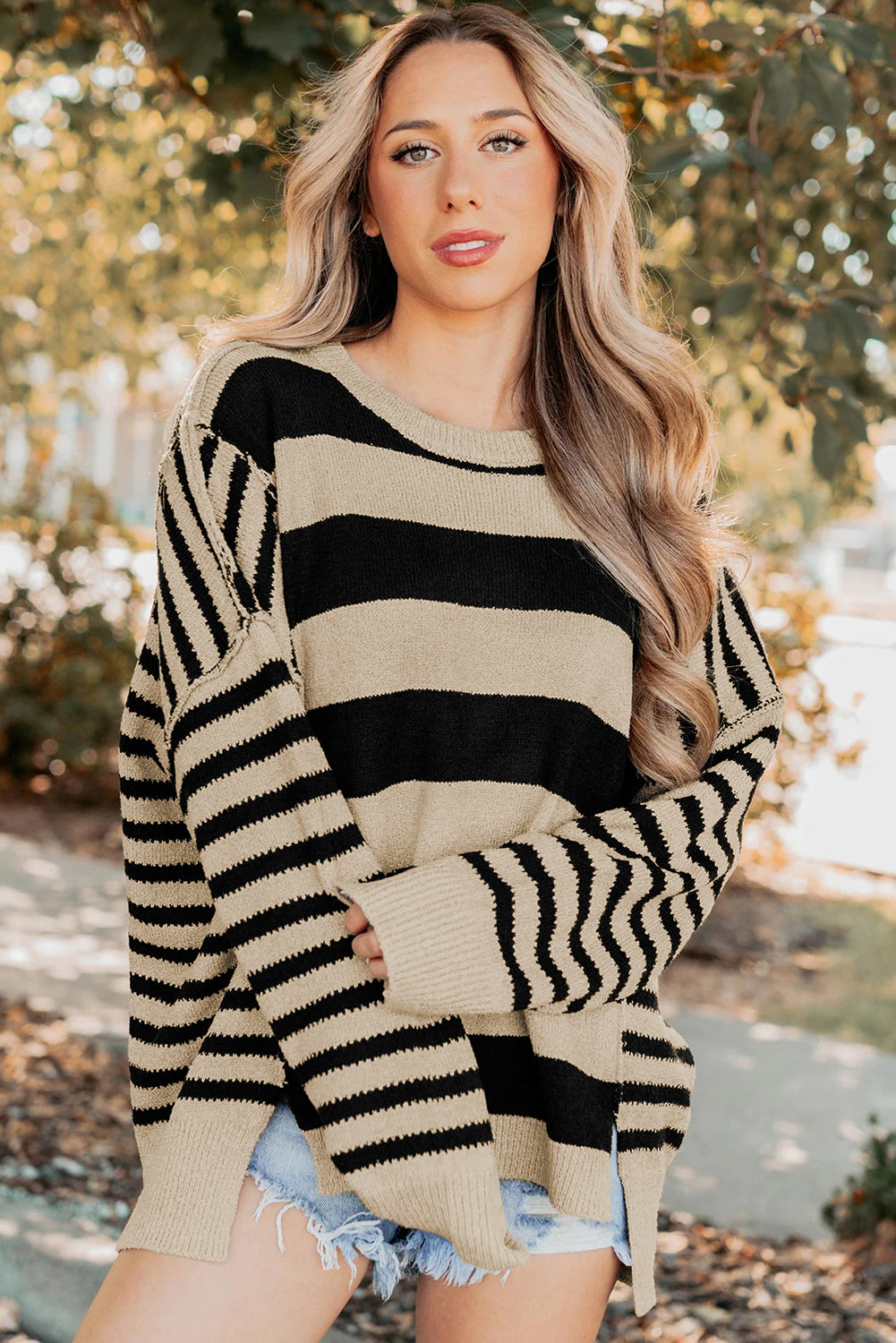 Black Stripe Drop Shoulder Sleeve Patchwork Baggy Sweater