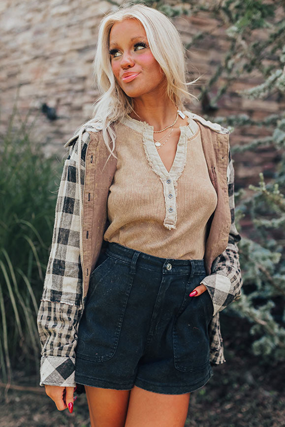 Black Plaid Patchwork Drawstring Hooded Raw Hem Shacket