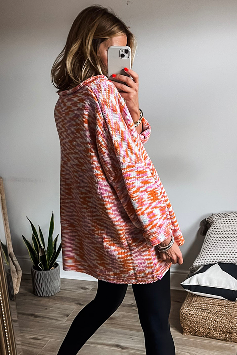 Orange Vibrant Abstract Print Drop Shoulder V Neck Oversized Sweater