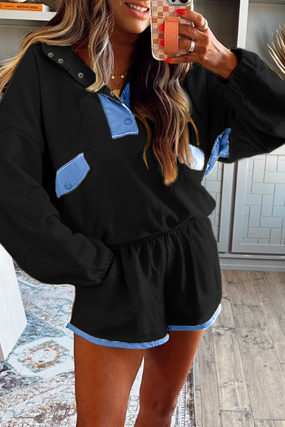 Navy Blue Colorblock Patchwork Half Button Pullover and Shorts Outfit