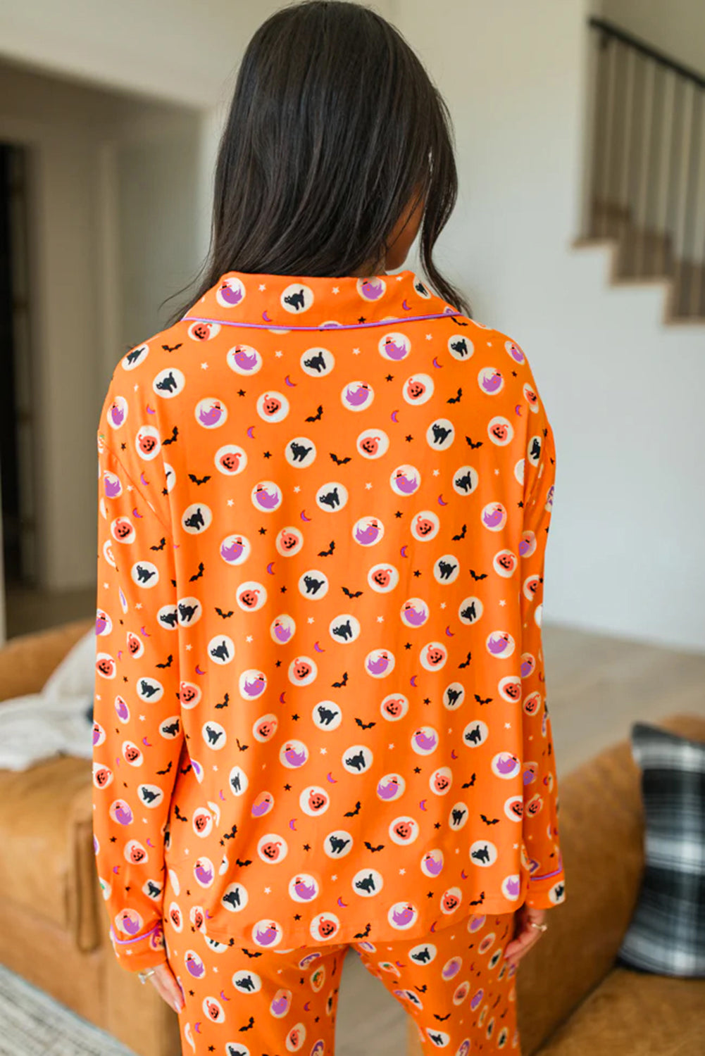 Orange Halloween Print Lapel Shirt Long 2pcs Pajama Set