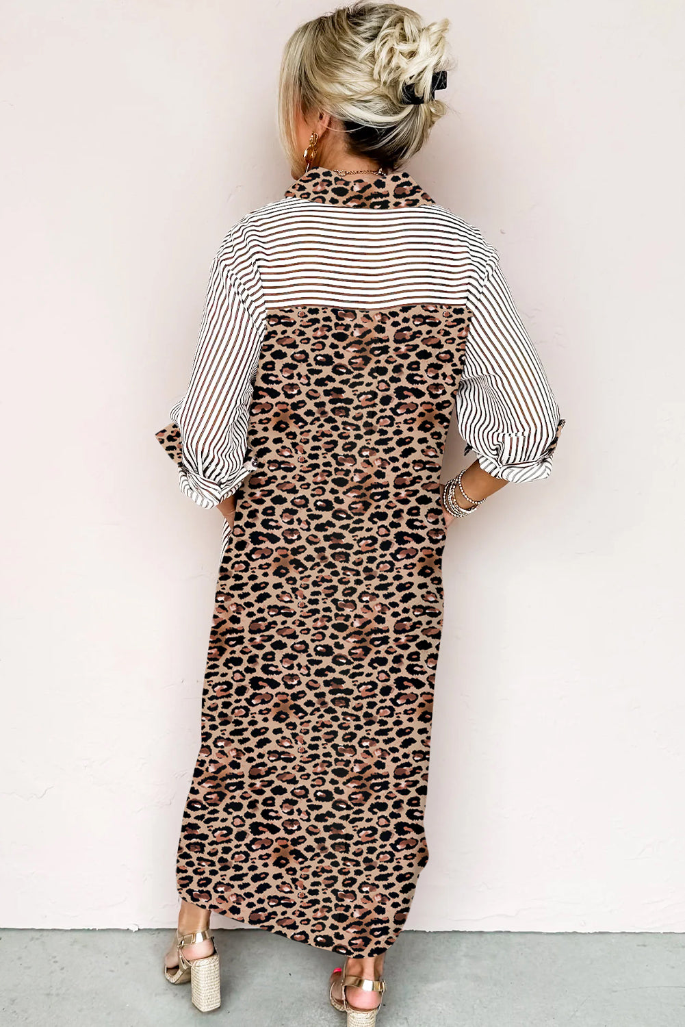 Brown Stripe Contrast Leopard Patchwork Shirt Dress
