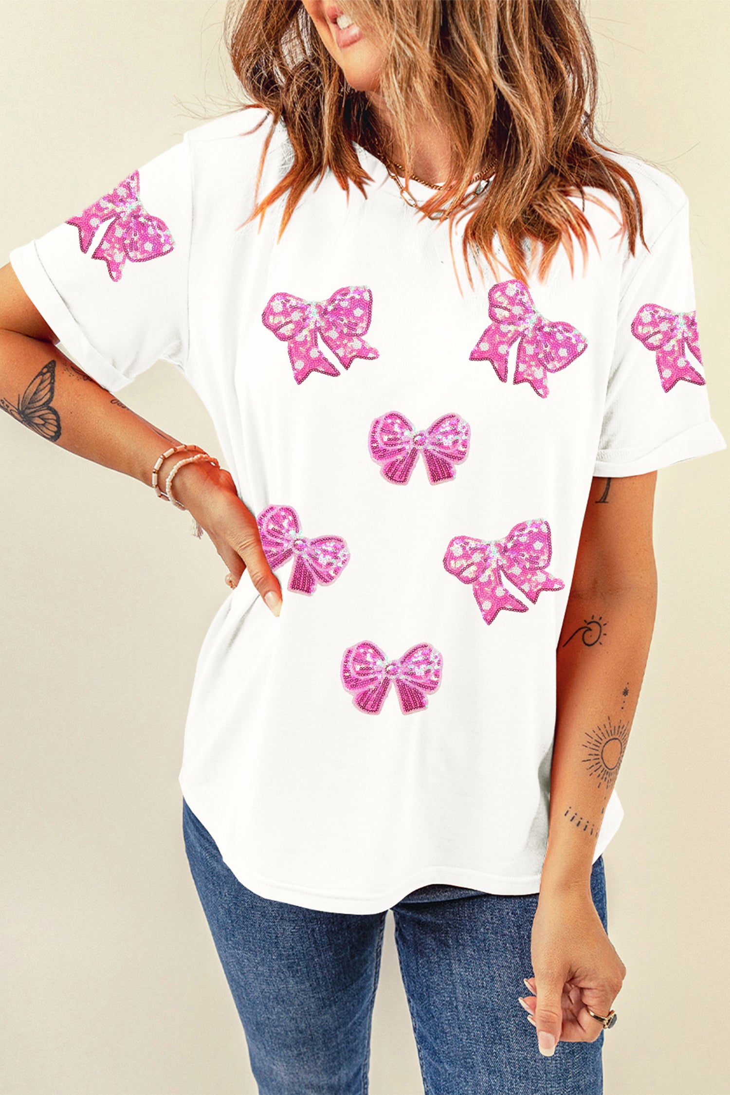 White Shimmering Bow Patched Pattern Valentine T Shirt