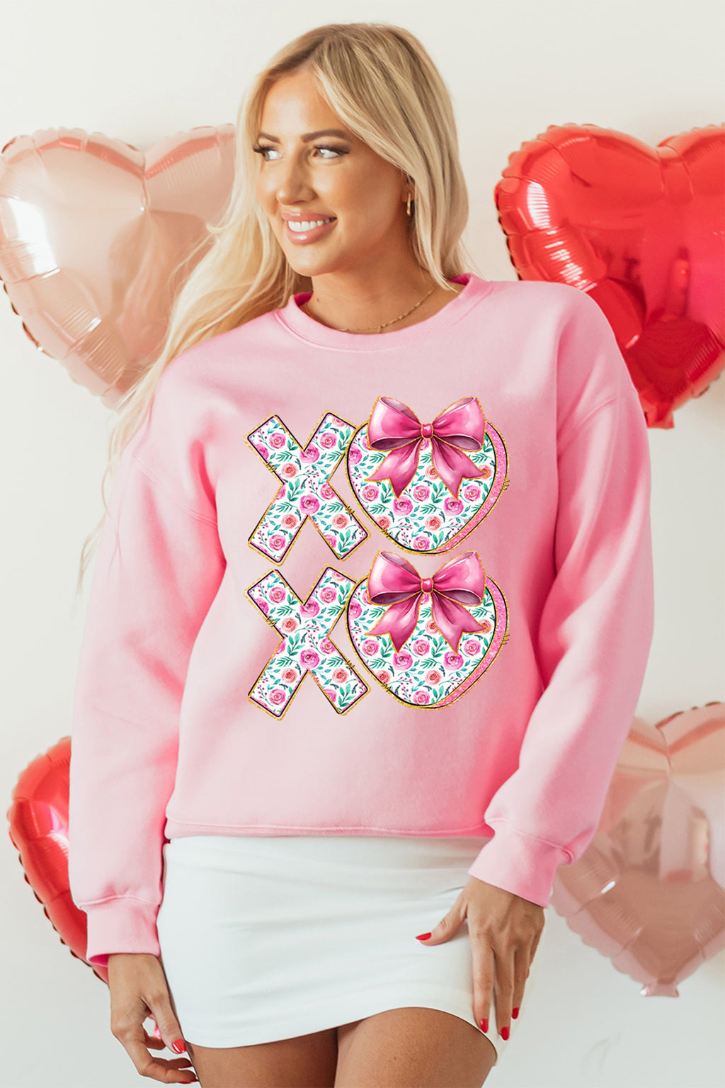 Pink Sweet Bow Floral Printed Valentines Day XOXO Sweatshirt