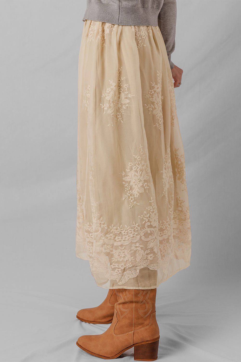Oatmeal Embroidered Mesh Overlay Flowy Long Skirt