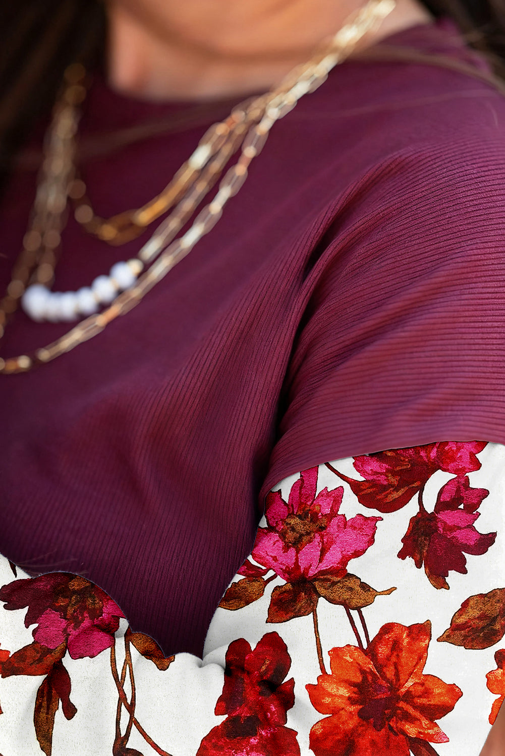 Wild Ginger Classic Floral Sleeve Patchwork Round Neck Blouse