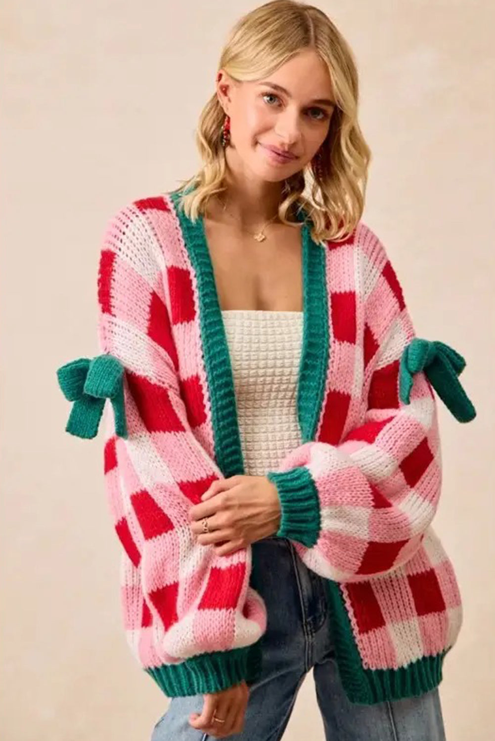 Pink Colorblock Checkered Open Front Knit Cardigan