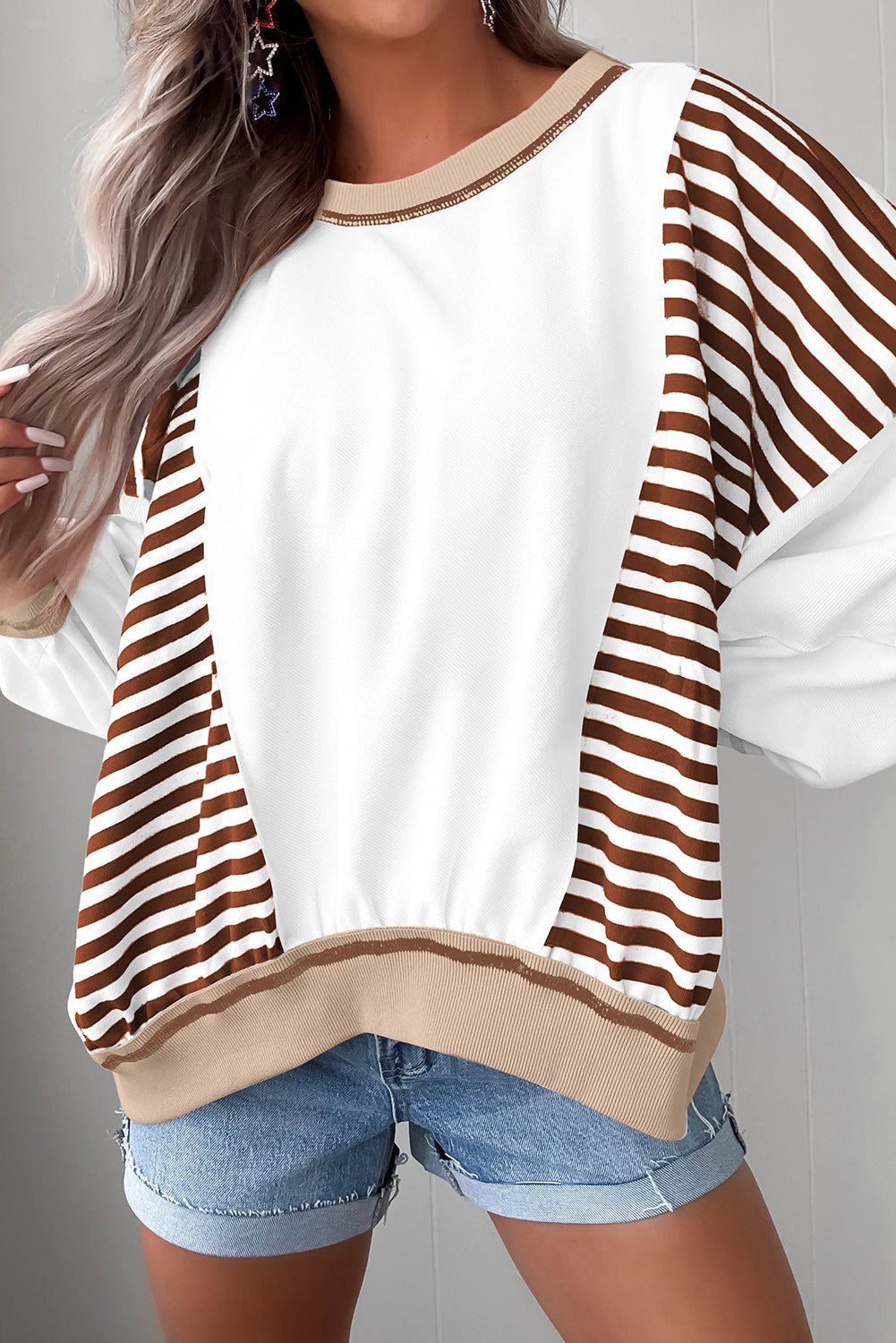 Brown Striped Colorblock Patchwork Oversized Sweatshirt