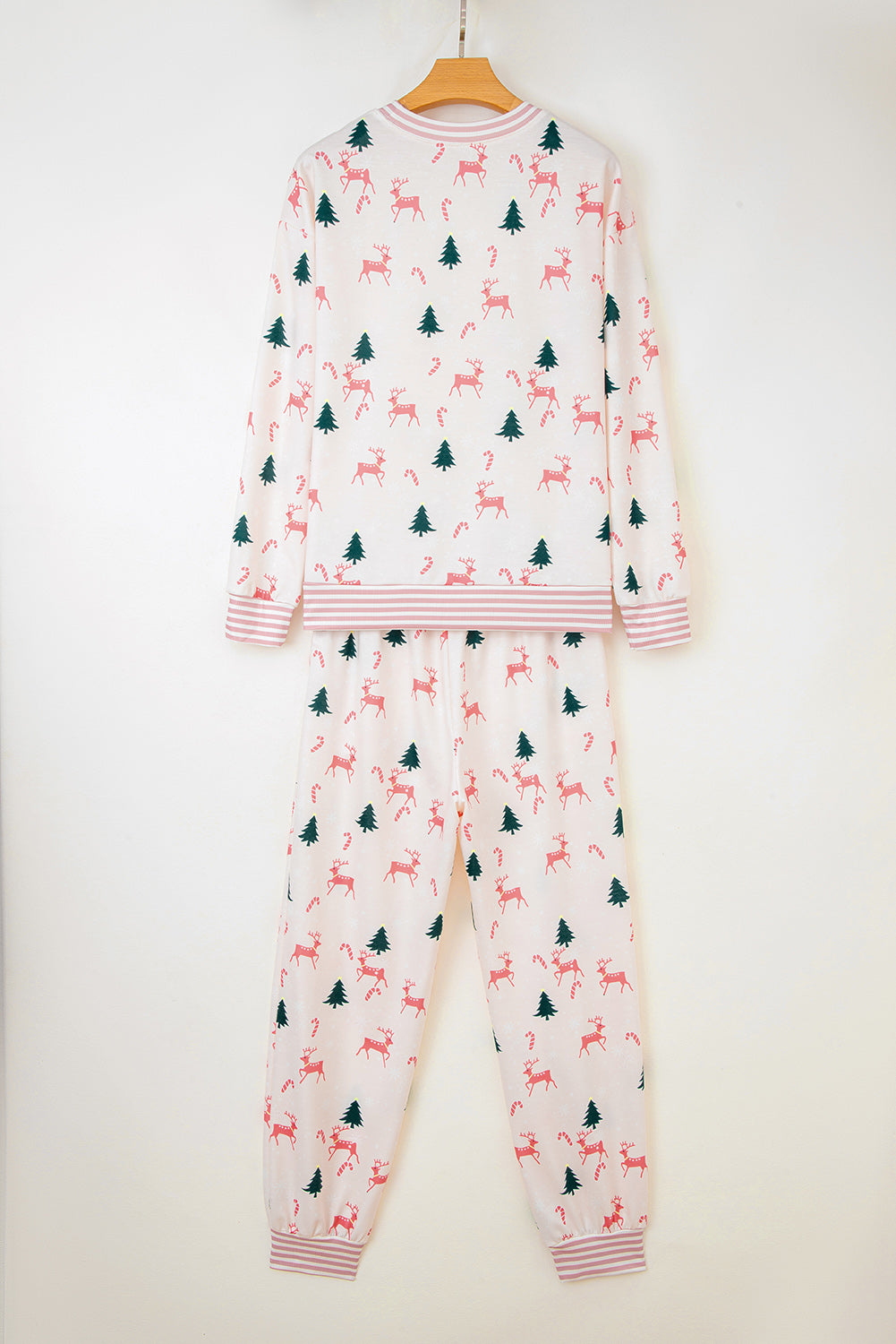Pink Christmas Tree Reindeer Print Contrast Striped Trim Pajama Set