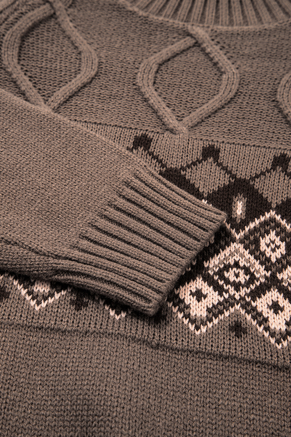 Light French Beige Geometric Pattern Crew Neck Knitted Sweater