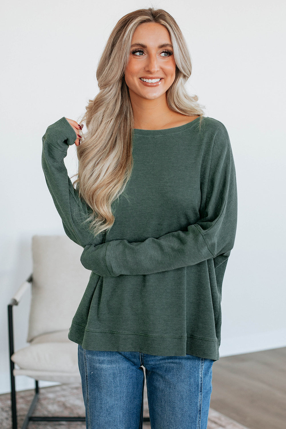 Mist Green Ribbed Plain Long Sleeve Loose Top