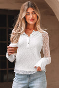 White Sheer Lace Long Sleeve Slim Henley Top