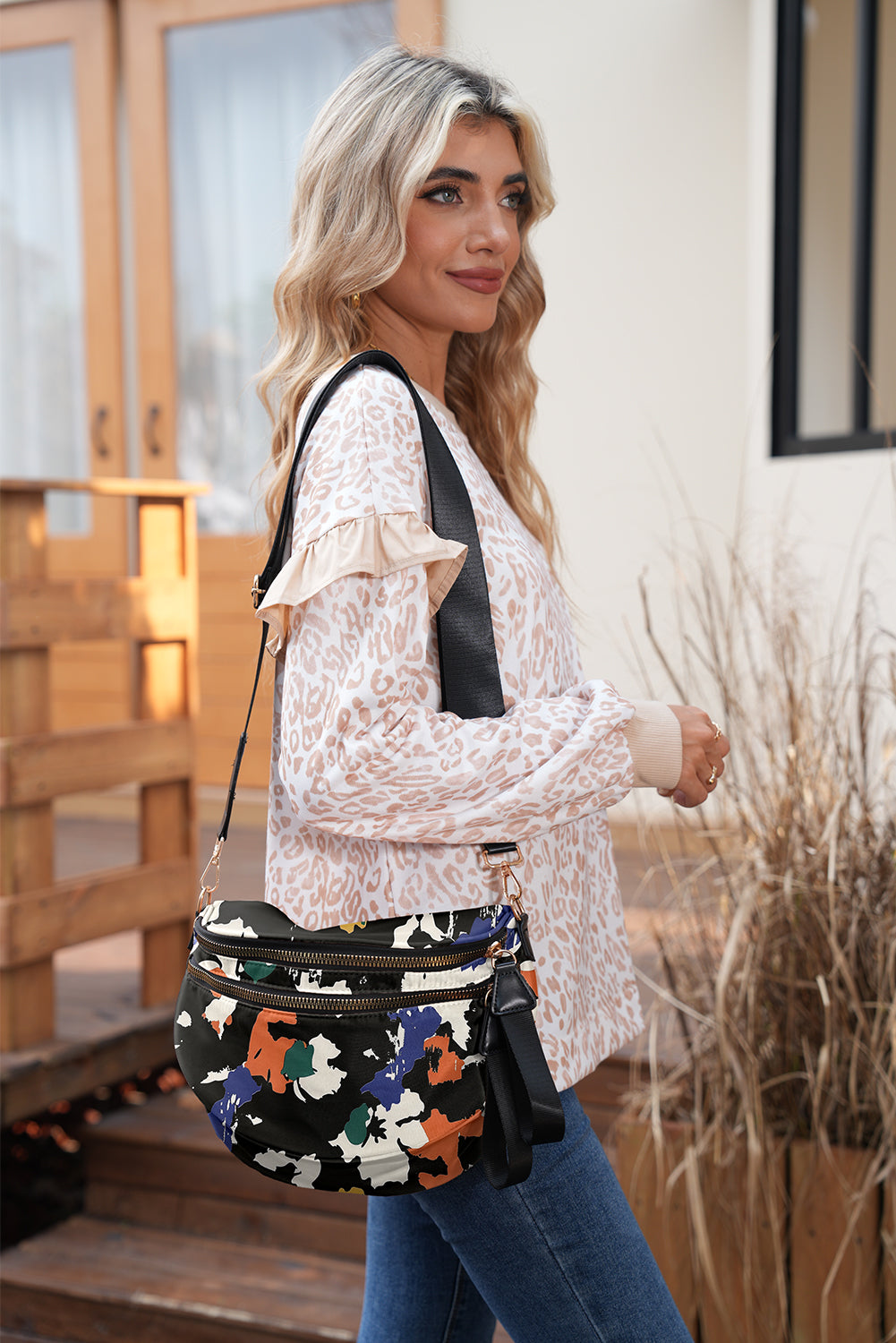 Camouflage Print Double Zipper Crossbody Bag