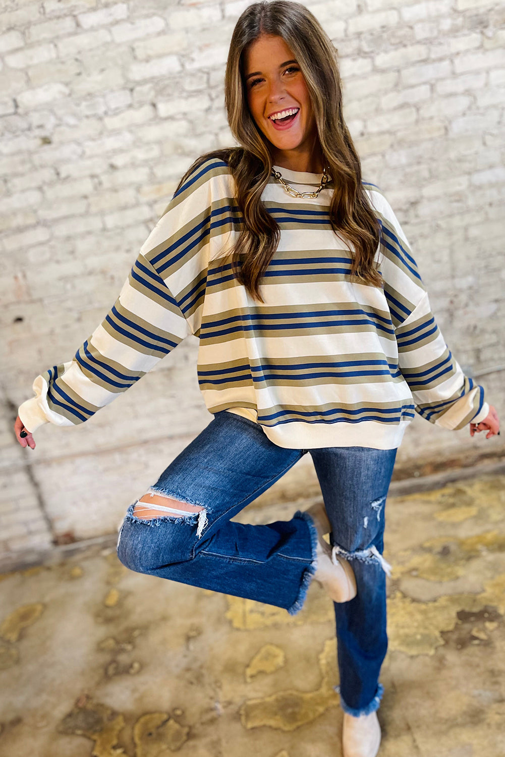 Khaki Striped Crew Neck Drop Shoulder Pullover Sweatshirt