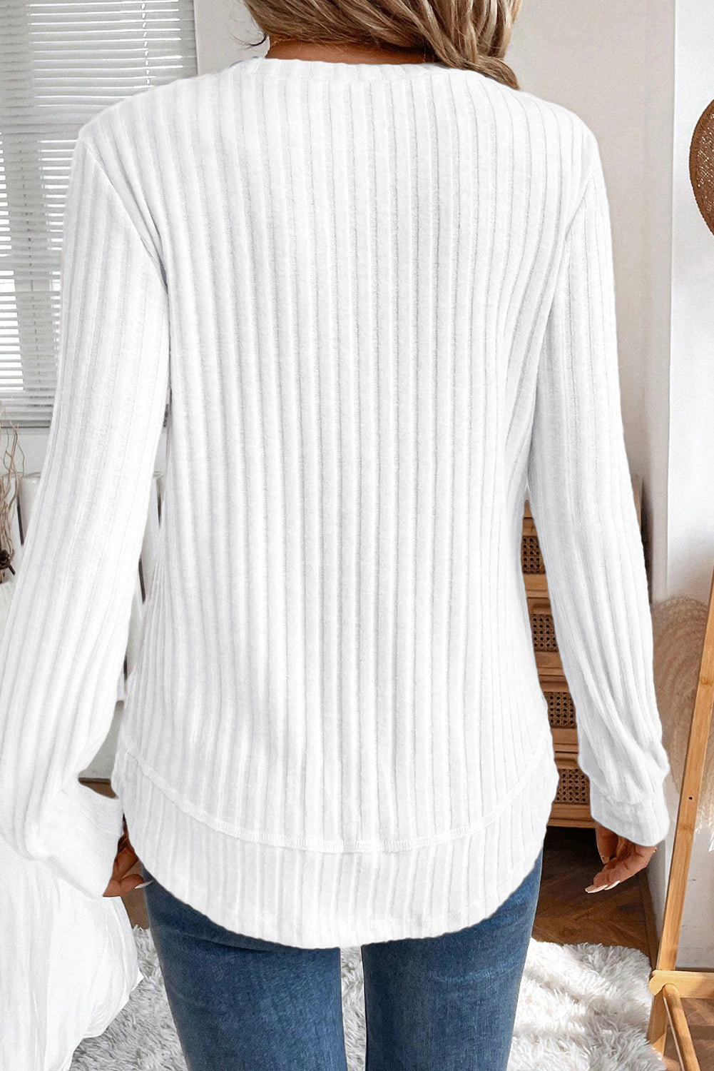 White Ribbed Texture Round Neck Long Sleeve Rounded Hem Top