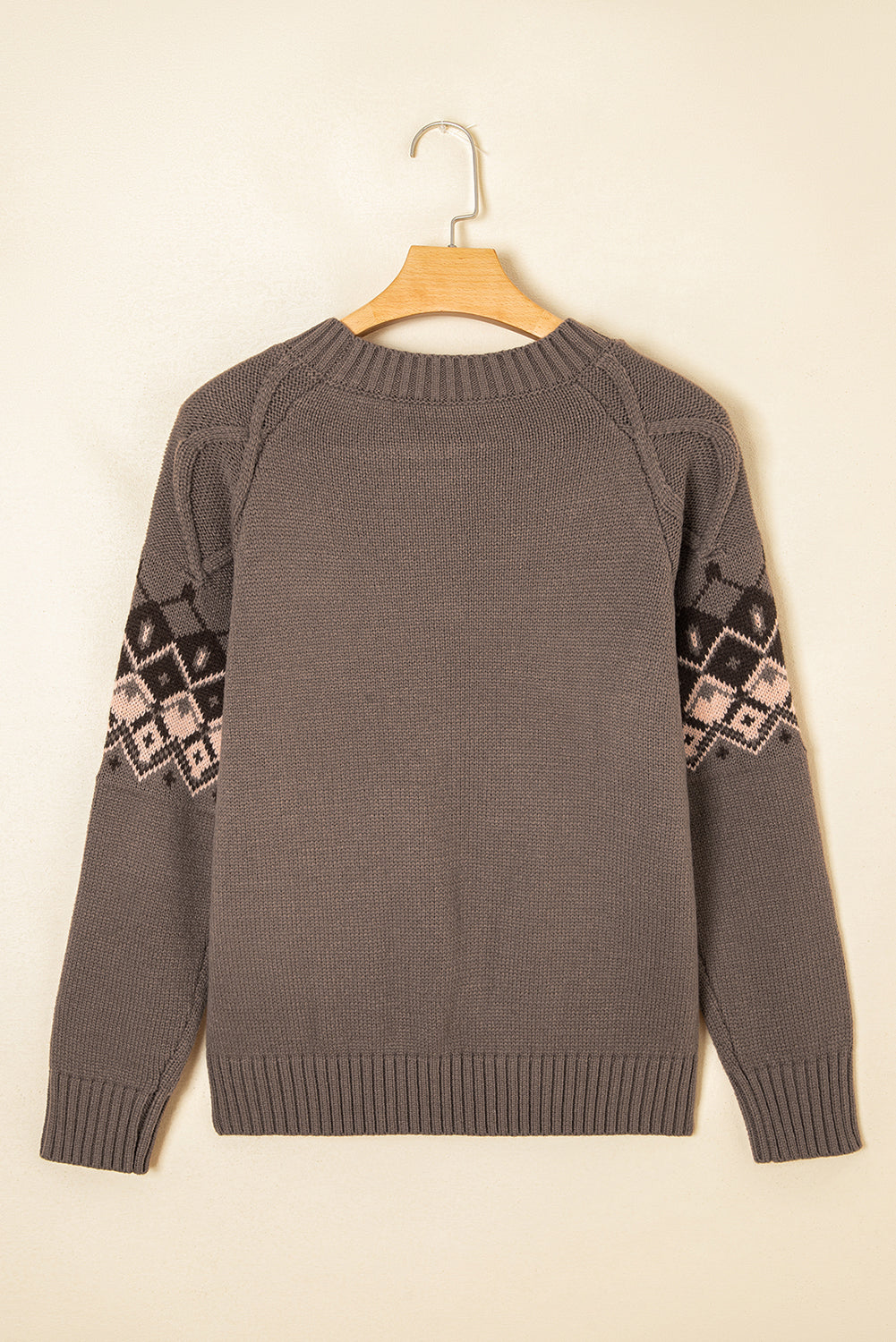 Light French Beige Geometric Pattern Crew Neck Knitted Sweater