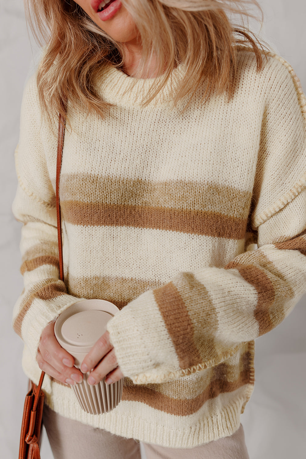 Khaki Stripe Exposed Seam Drop Shoulder Knit Baggy Sweater