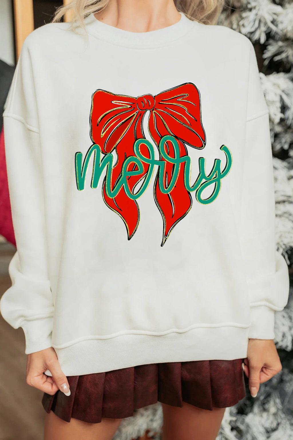 White merry Festive Bow Print Drop Shoulder Loose Pullover Sweatshirt