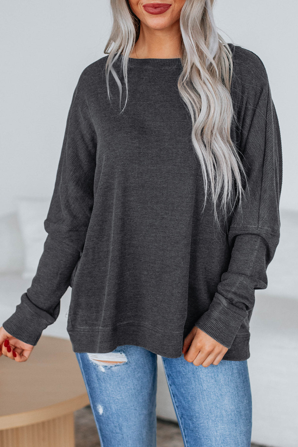 Mist Green Ribbed Plain Long Sleeve Loose Top