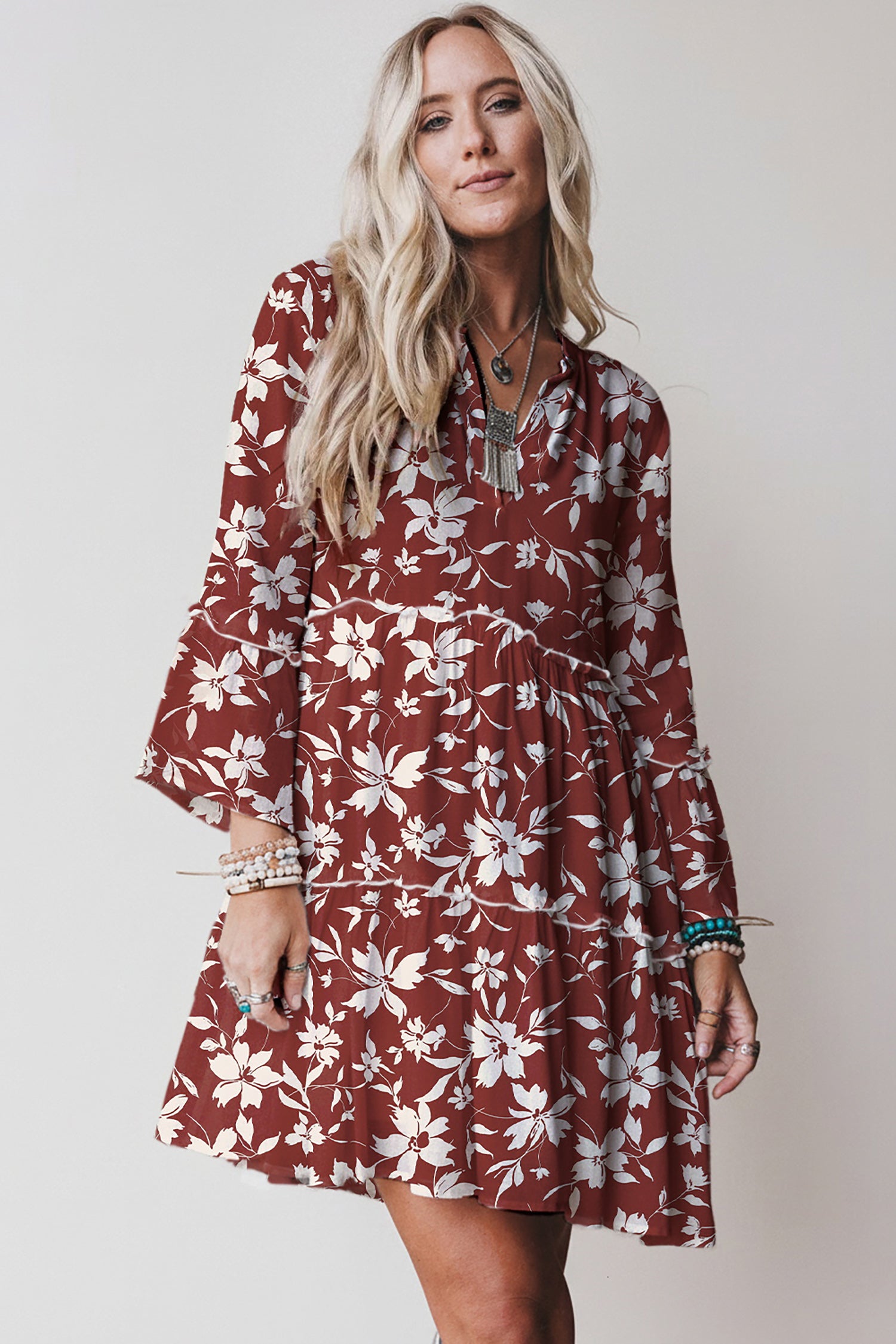 Sky Blue Boho Floral Print Lettuce Trim 3/4 Sleeve Mini Dress