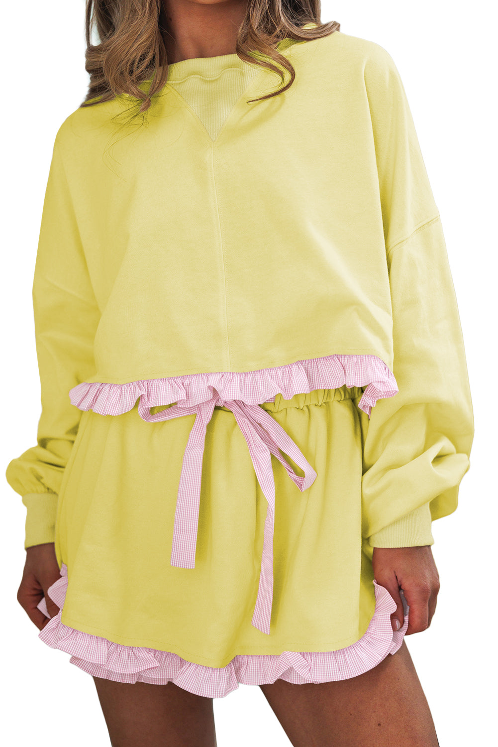 Yellow Cream Gingham Ruffle Hem Long Sleeve Pullover and Shorts Set