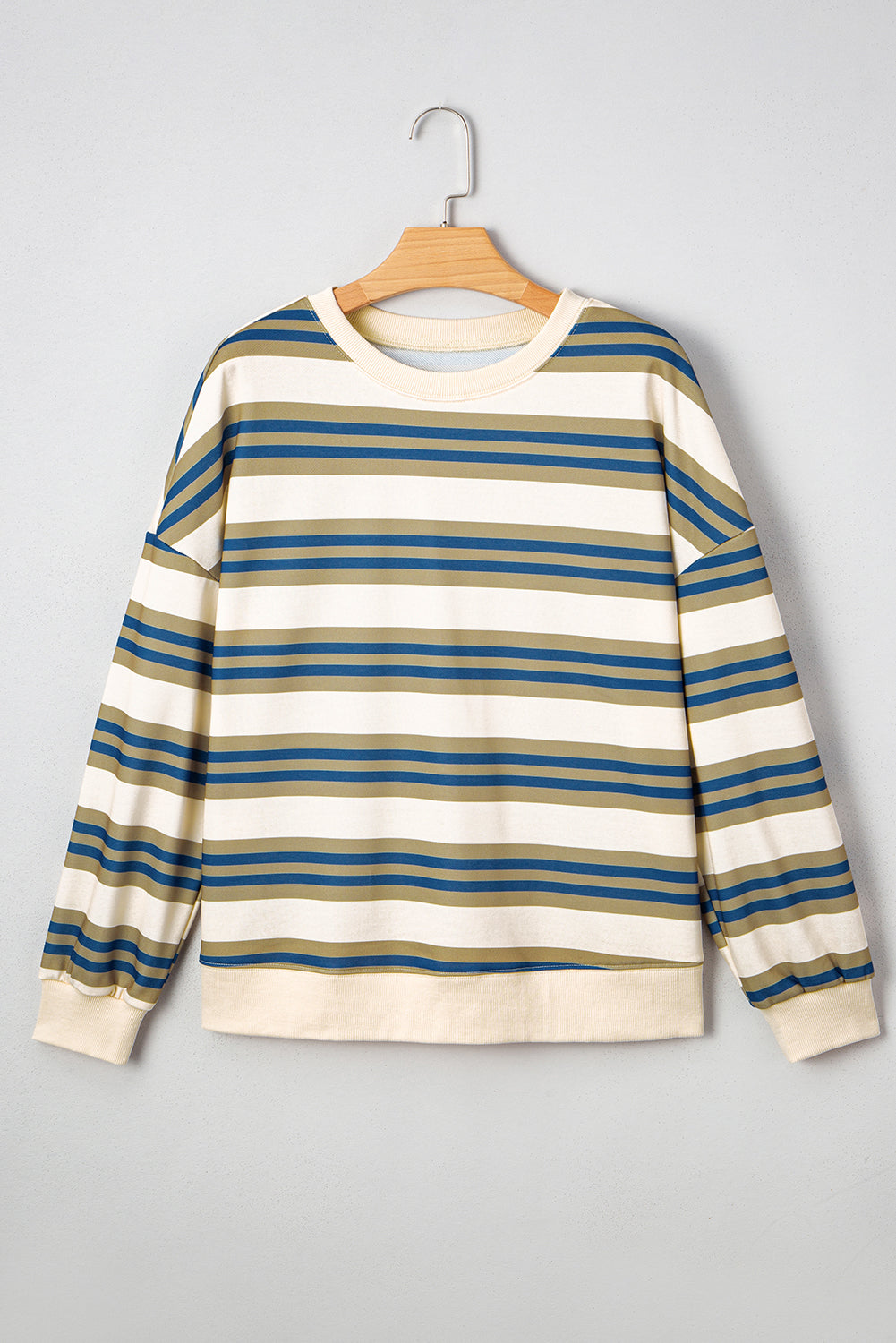 Khaki Striped Crew Neck Drop Shoulder Pullover Sweatshirt