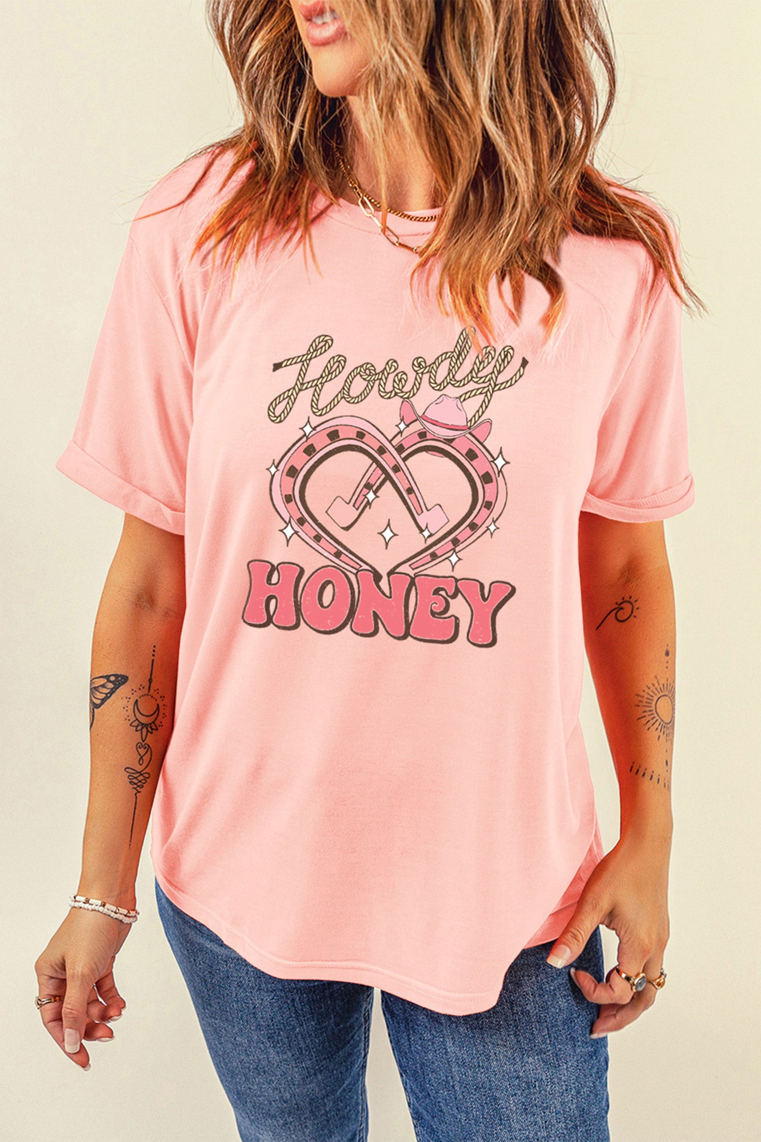 Pink Howdy HONEY Horseshoe Heart Printed T Shirt