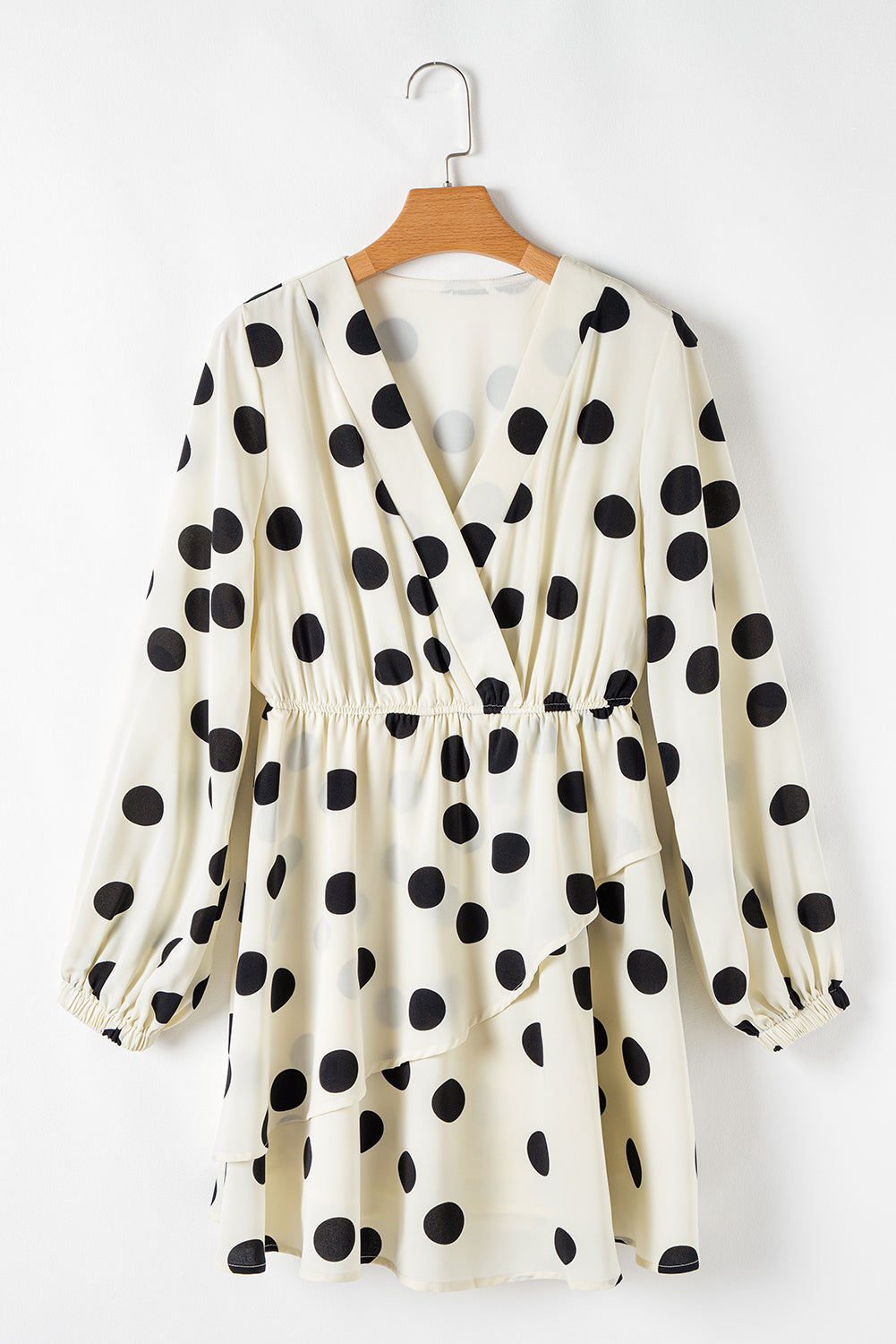 Beige Polka Dot Print Surplice V Neck Puff Sleeve Mini Dress