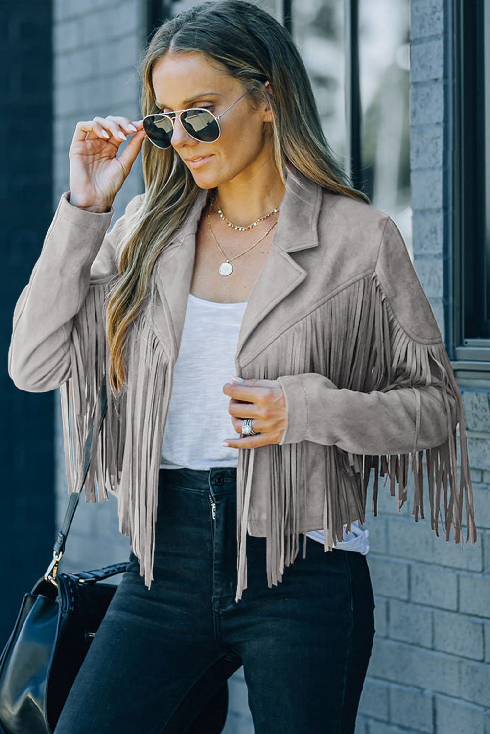 Green Cropped Fringe Faux Suede Jacket