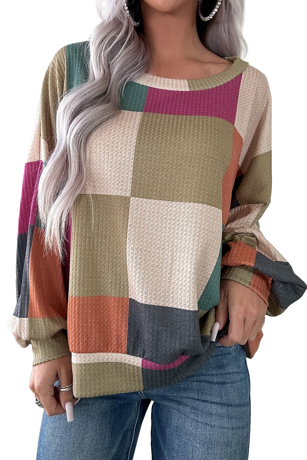 Haut ample à manches longues en maille texturée à carreaux verts