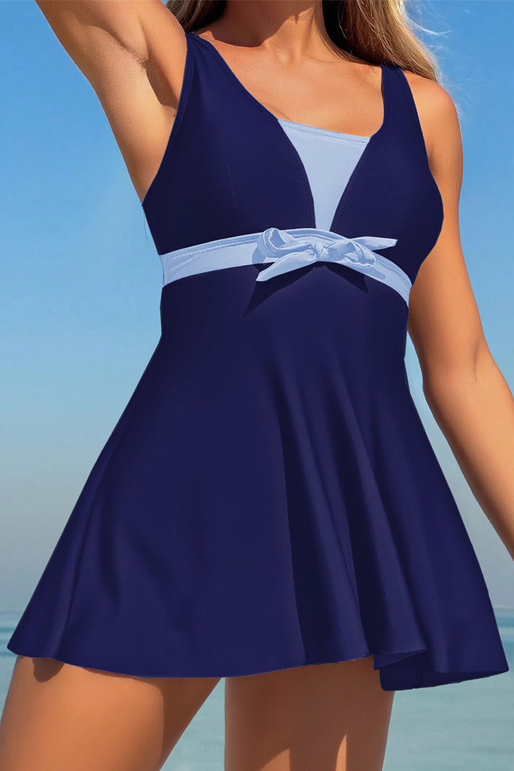 Blue Floral Print Patchwork Bow Knot Detail Sleeveless Swim Dress