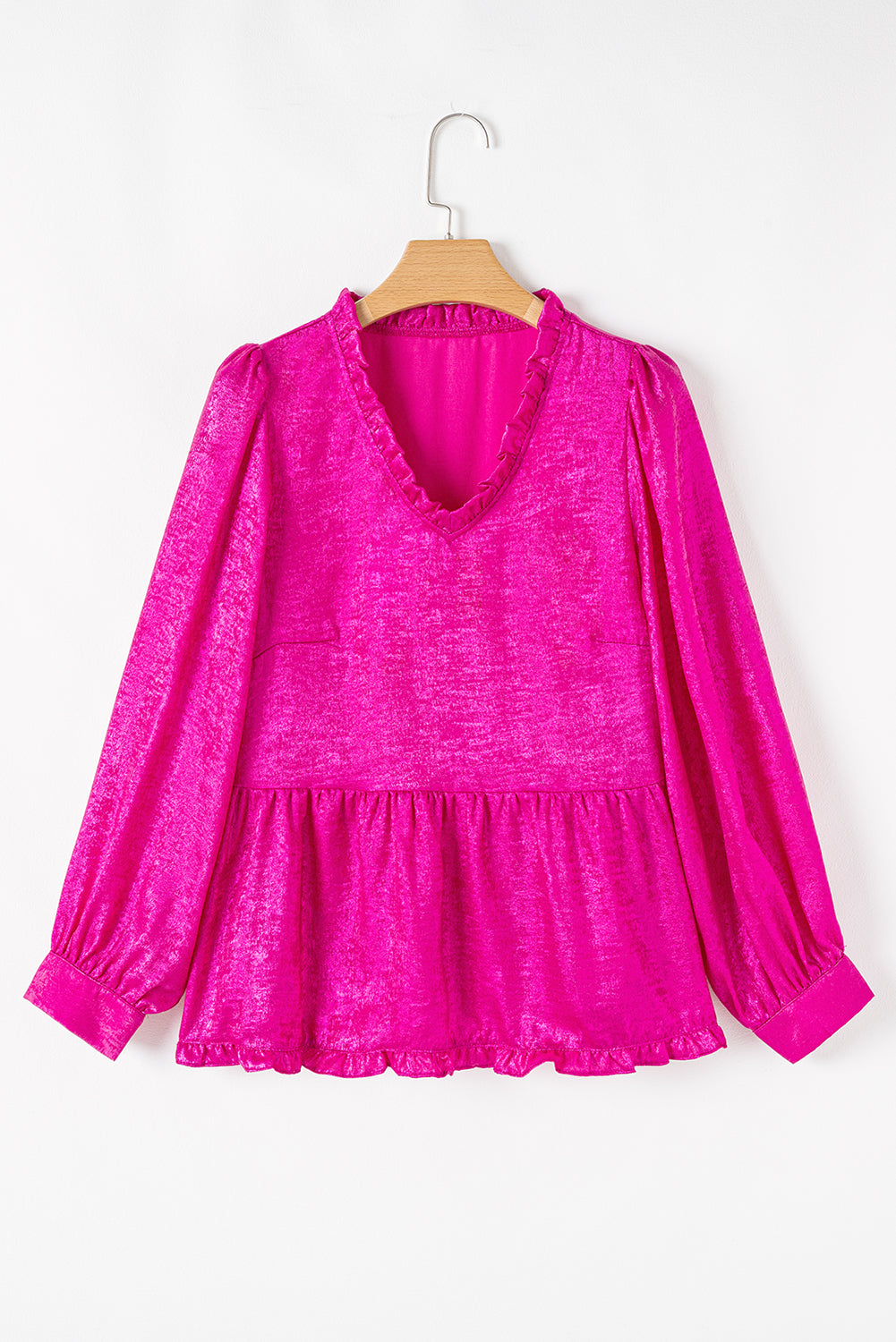 Blusa babydoll con escote en V, mangas abullonadas y volantes de terciopelo metalizado de color rojo rosa