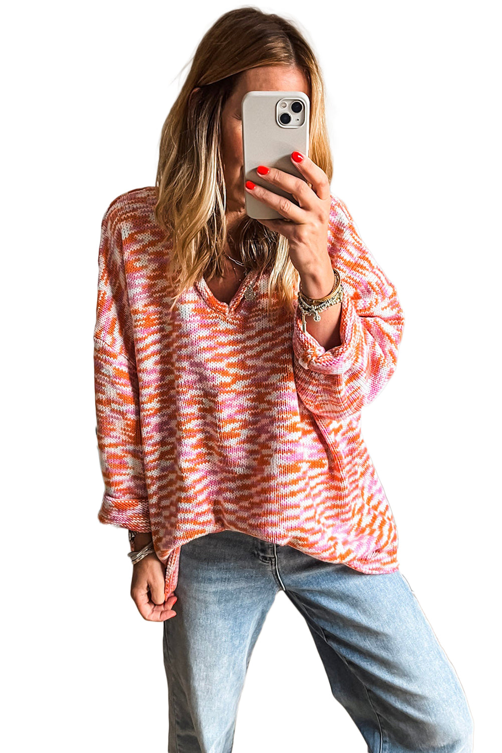 Orange Vibrant Abstract Print Drop Shoulder V Neck Oversized Sweater