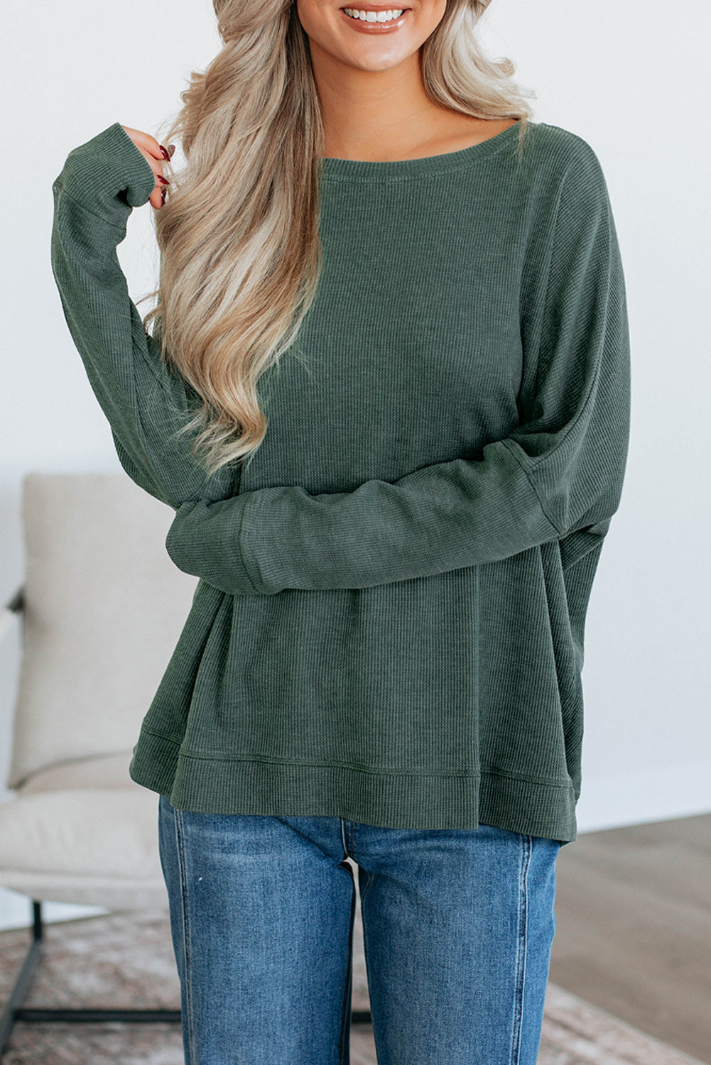 Mist Green Ribbed Plain Long Sleeve Loose Top