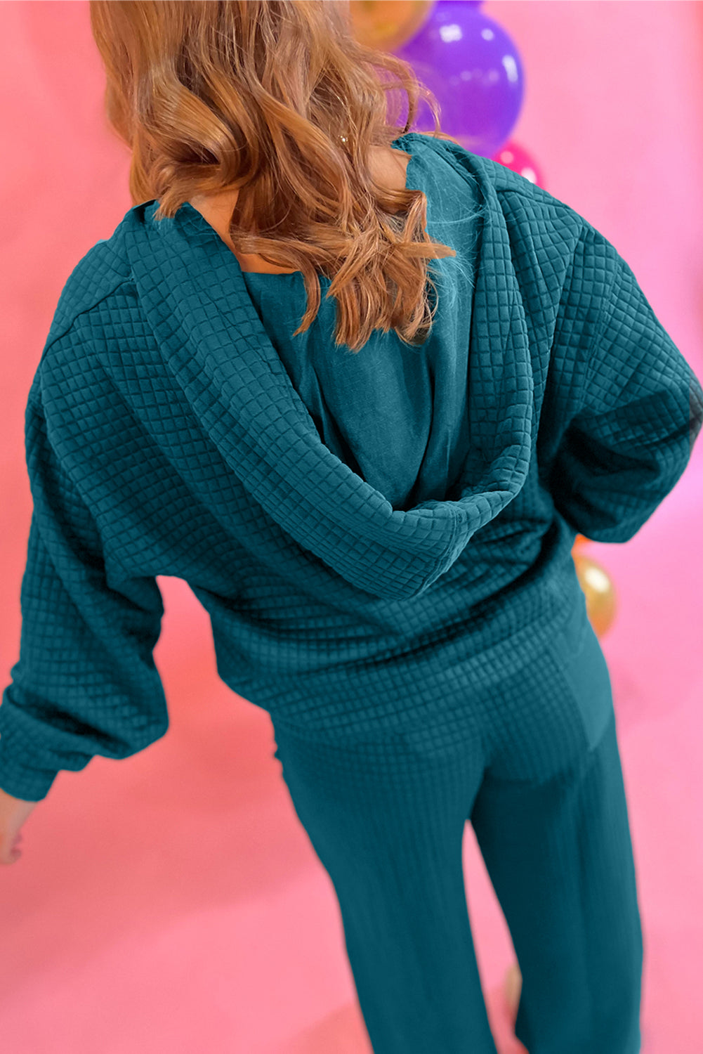 Skobeloff Checkered Texture Hooded Top and Loose Pants Set