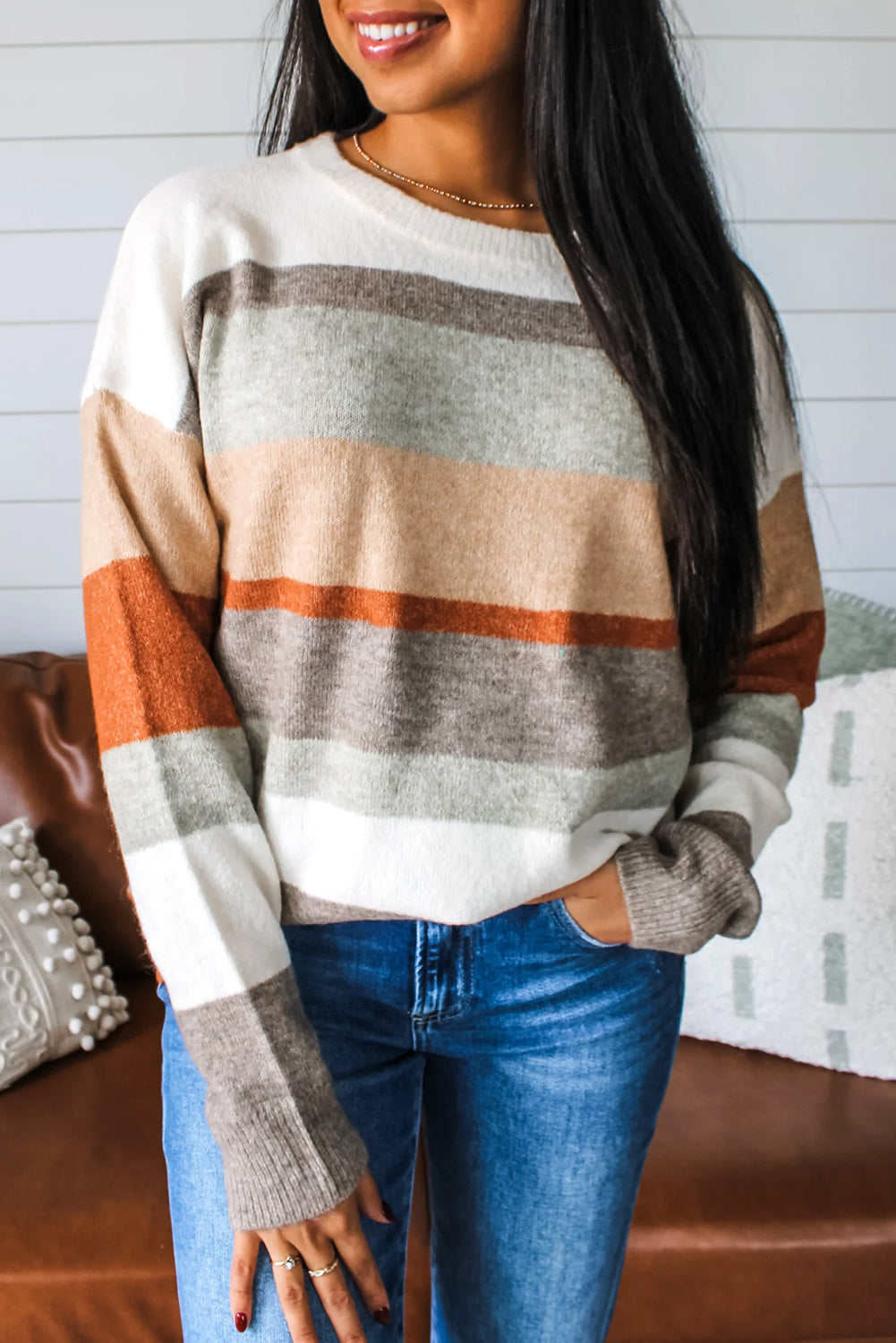 White Colorblock Striped Round Neck Drop Sleeve Sweater