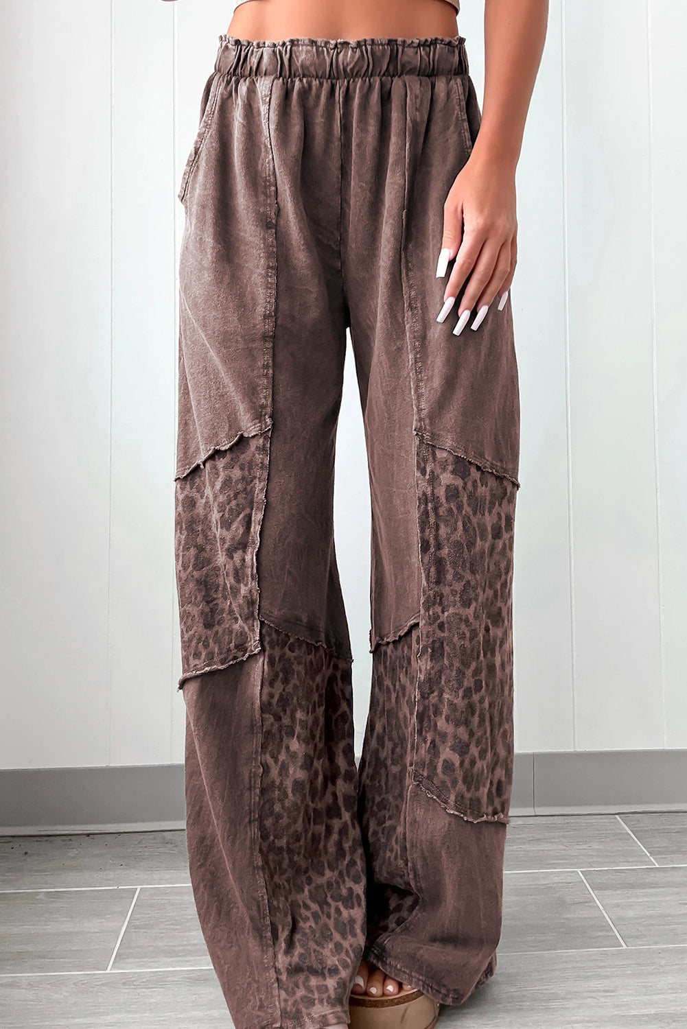 Dark Grey Mineral Wash Leopard Patchwork Loose Pants
