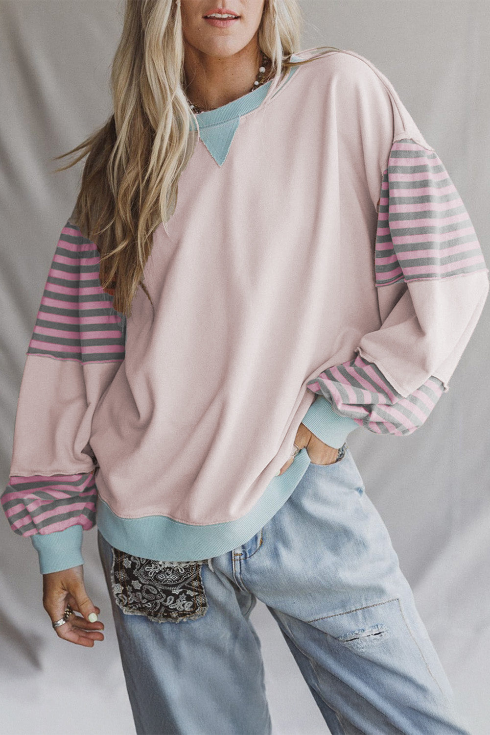 Delicacy Colorblock Patchwork Striped Sleeve Sweatshirt