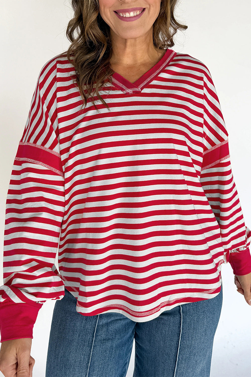 Red Striped Balloon Sleeve V Neck Blouse