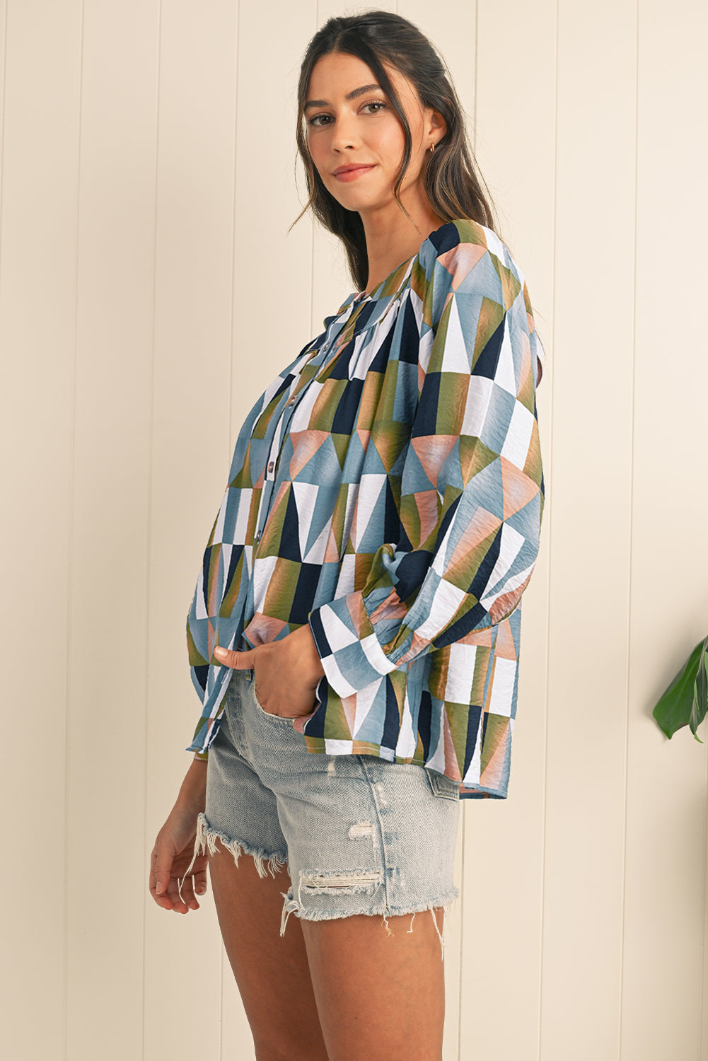 Green Geometric Print Button Balloon Sleeve Loose Fit Shirt