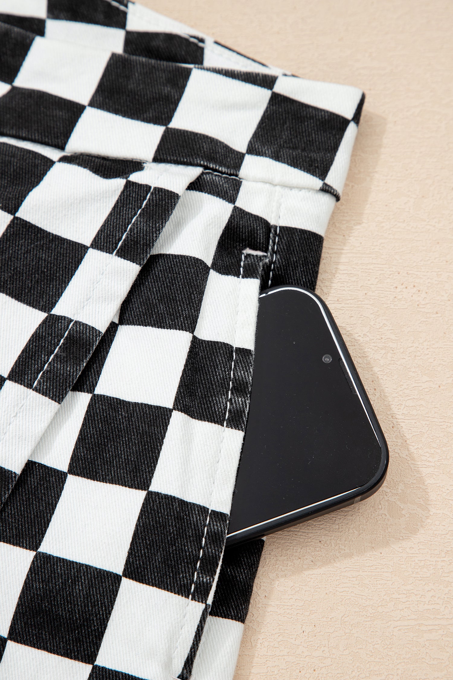 Black Checkered Print Overlap Denim Shorts