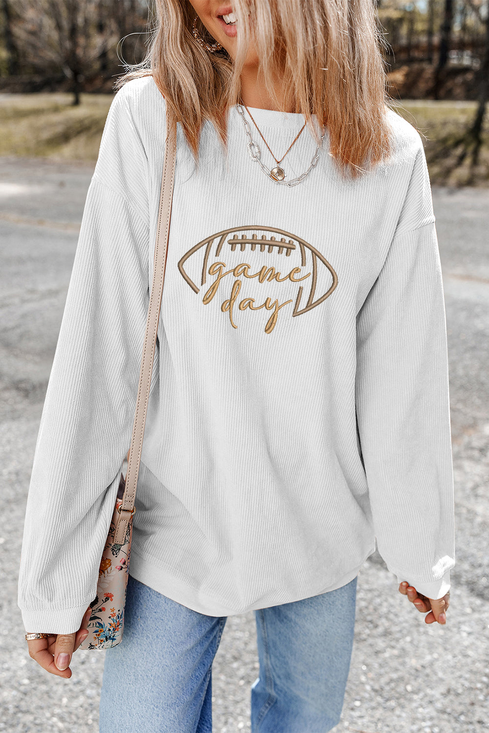 Orange Football Graphic Drop Shoulder Game Day Corded Sweatshirt