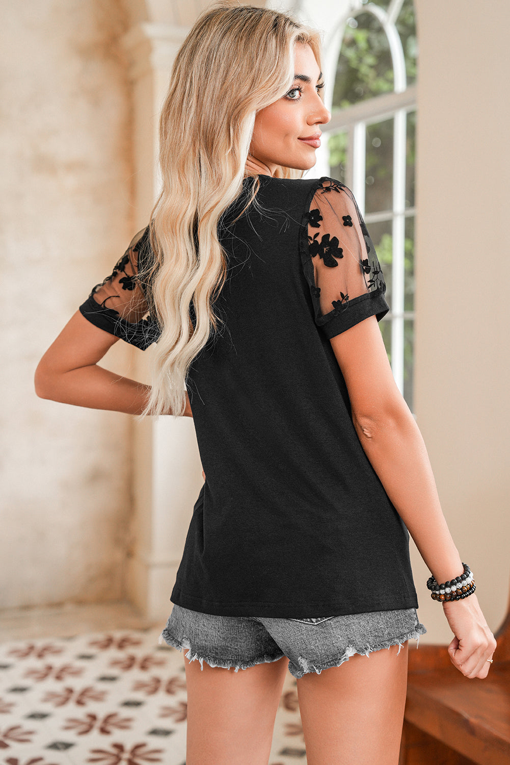 Black Floral Lace Patchwork Crew Neck T Shirt