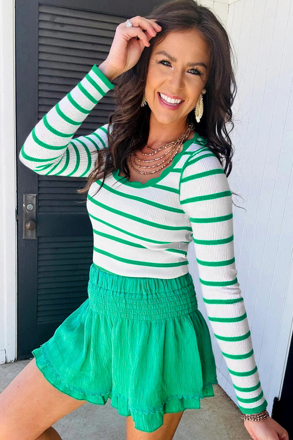 Bright Green Scalloped Edge Striped Long Sleeve  Sweater