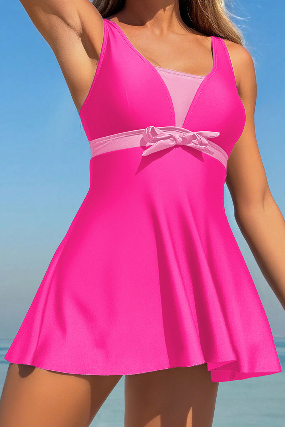 Blue Floral Print Patchwork Bow Knot Detail Sleeveless Swim Dress