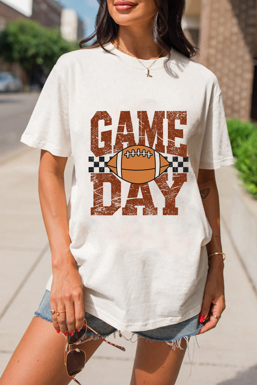 White GAME DAY Checkered Football Print Vintage Graphic Tee