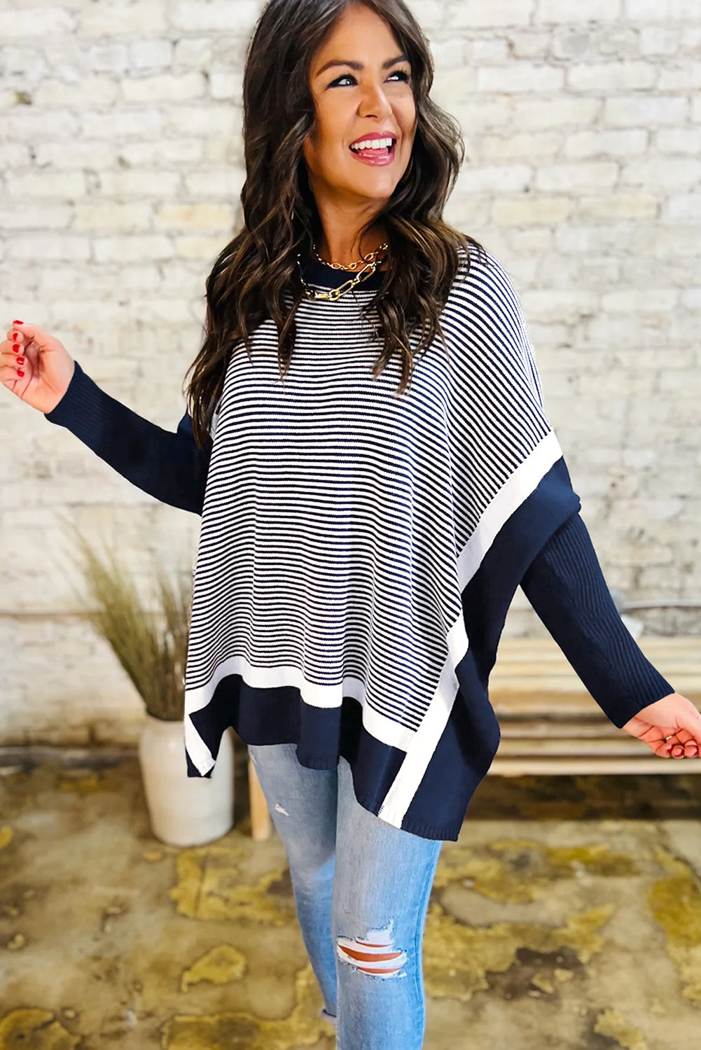 Blue Striped Colorblock Patchwork Dolman Oversize Tunic Sweater