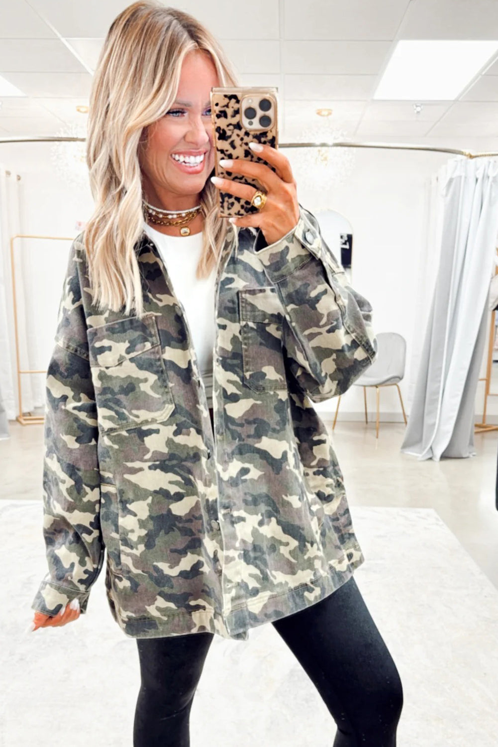 Green Camo Chest Pockets Loose Denim Jacket